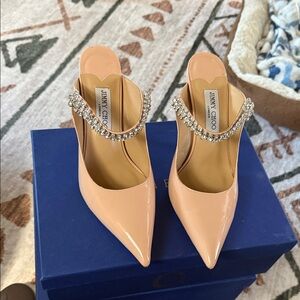 Jimmy Choo Peach Patent Crystal-Embellished Pointed-Toe Mules